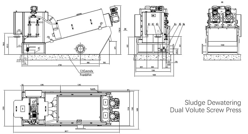 Volute dewatering screw press layout